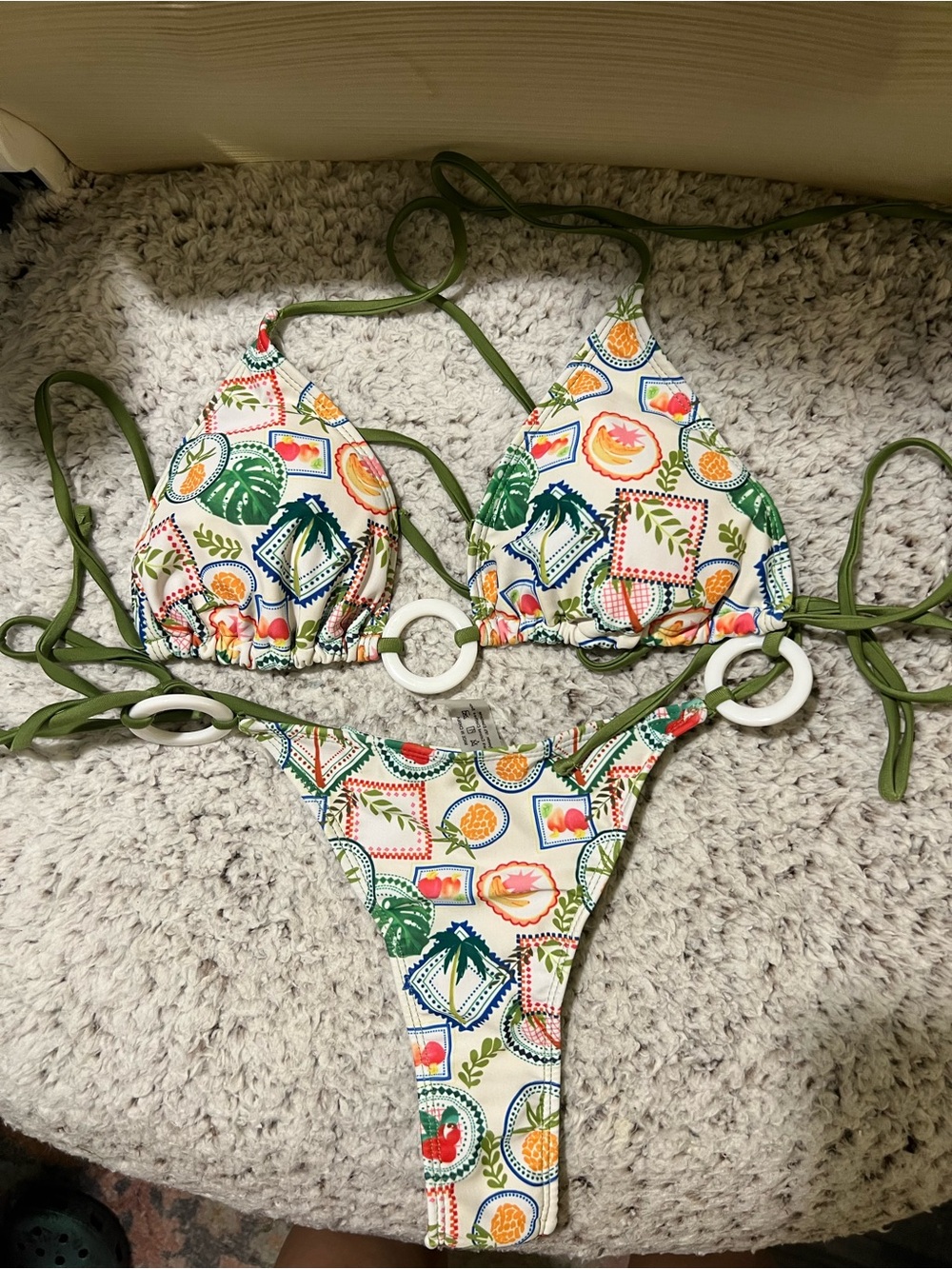 SHEIN White Tropical Print Triangle Thong Bikini with Olive Straps